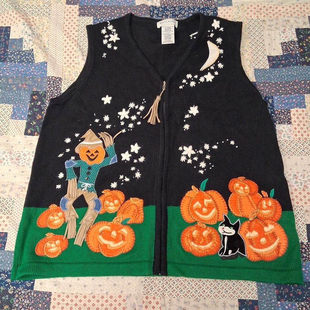 Vintage 90s Halloween Sweater Vest Womens XL Full Zip Scarecrow Black Cat Pumpki